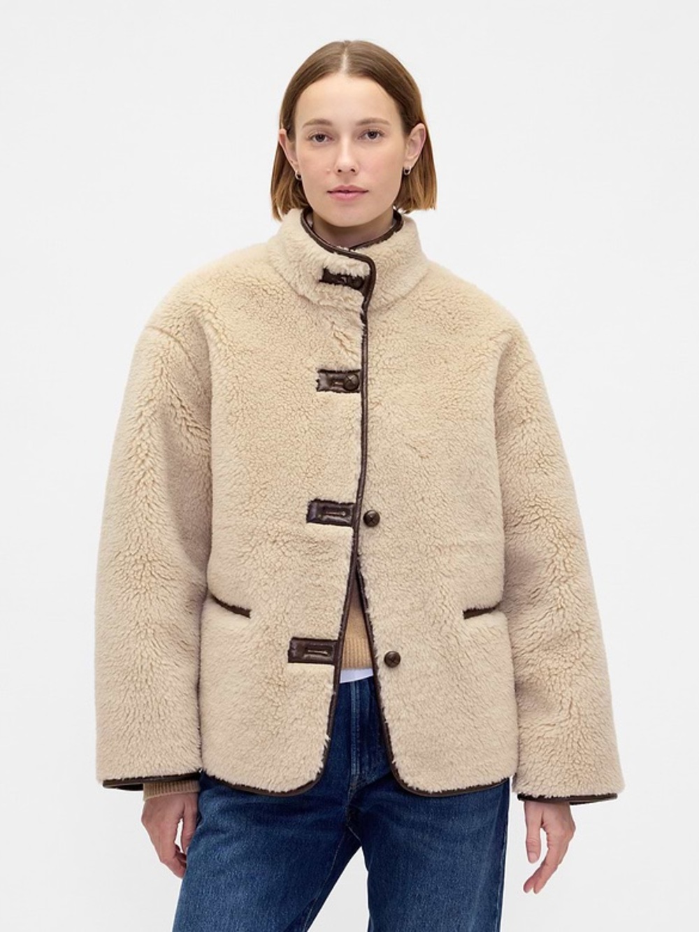 NWT Gap Cream Sherpa & Faux Brown Leather Oversized Jacket Coat Size XS Vegan - Picture 2 of 12